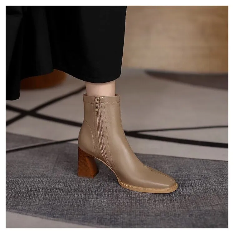 deanwangkt Ankle Boots for Women Square Toe Fashion Shoes Autumn Winter Short Boots Zipper Square Heels Comfortable Lady Shoes