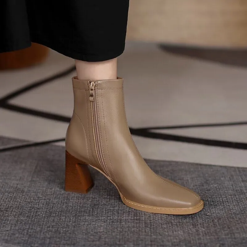 deanwangkt Ankle Boots for Women Square Toe Fashion Shoes Autumn Winter Short Boots Zipper Square Heels Comfortable Lady Shoes