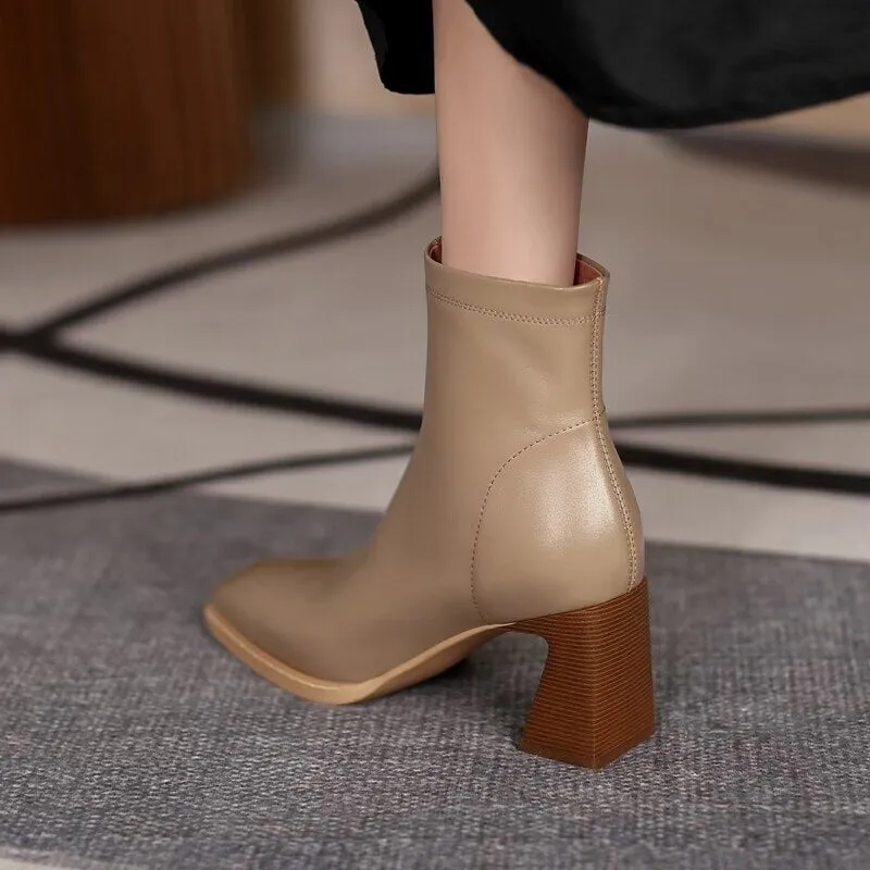 deanwangkt Ankle Boots for Women Square Toe Fashion Shoes Autumn Winter Short Boots Zipper Square Heels Comfortable Lady Shoes