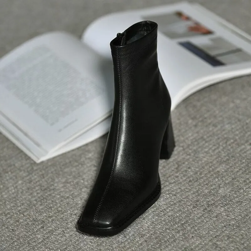 deanwangkt Ankle Boots for Women Square Toe Fashion Shoes Autumn Winter Short Boots Zipper Square Heels Comfortable Lady Shoes