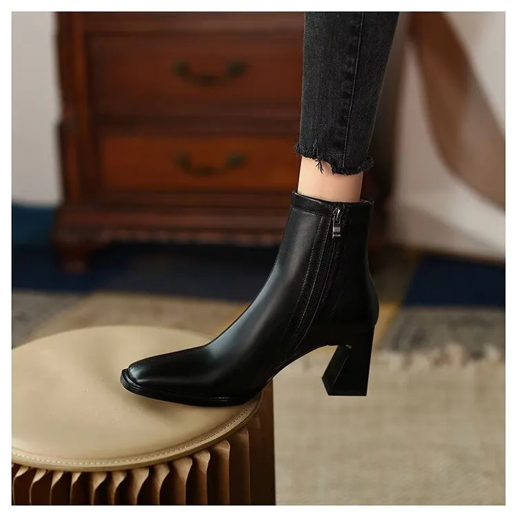 deanwangkt Ankle Boots for Women Square Toe Fashion Shoes Autumn Winter Short Boots Zipper Square Heels Comfortable Lady Shoes