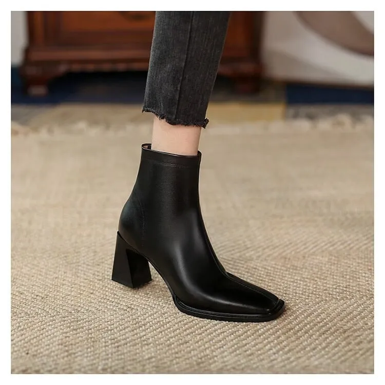 deanwangkt Ankle Boots for Women Square Toe Fashion Shoes Autumn Winter Short Boots Zipper Square Heels Comfortable Lady Shoes