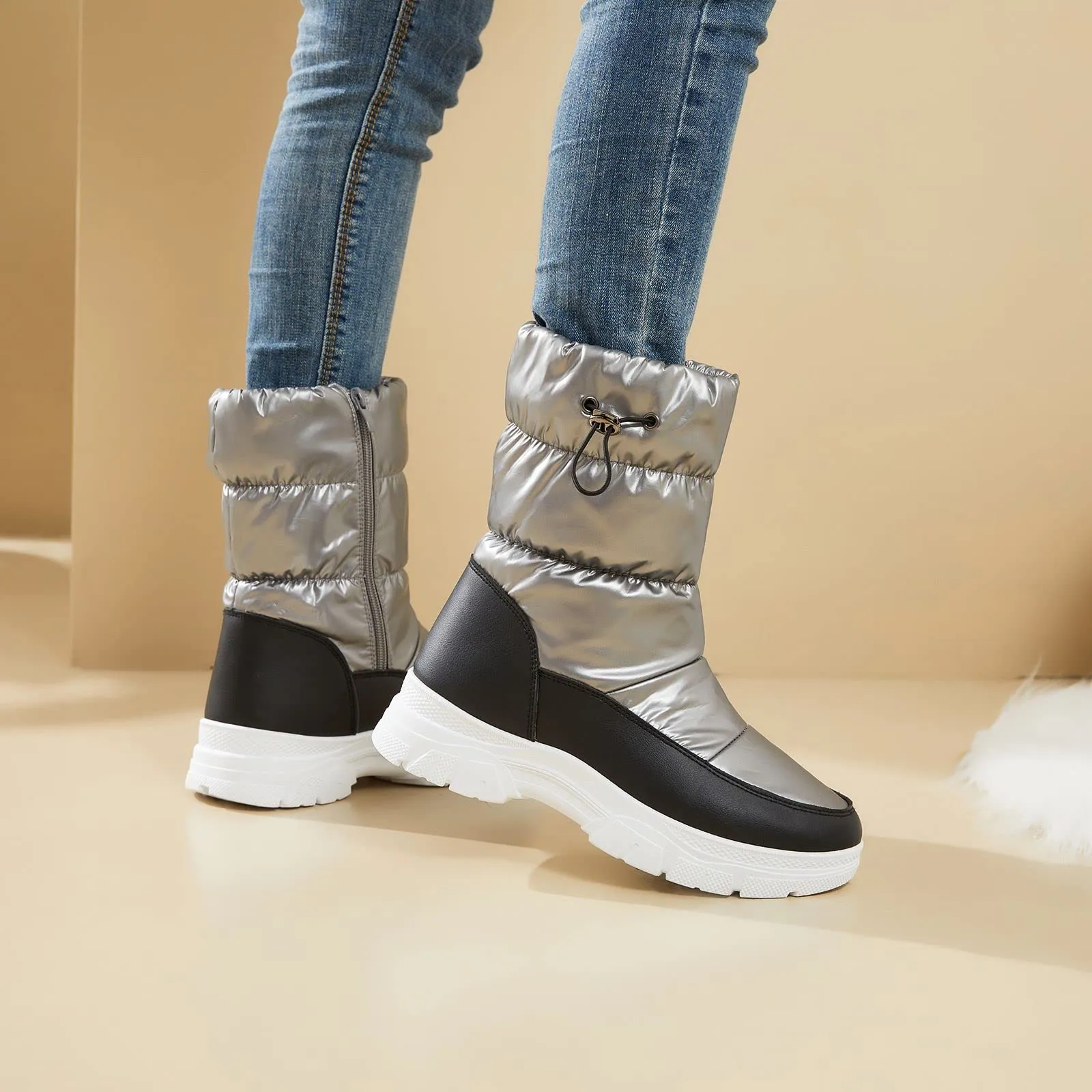 Silver Warm Comfort Drawstring Platform Snow Boots