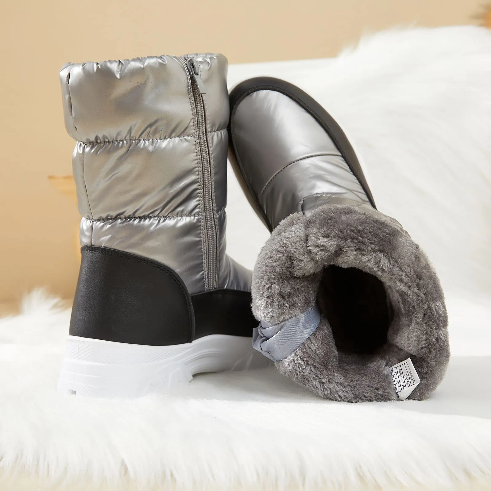 Silver Warm Comfort Drawstring Platform Snow Boots