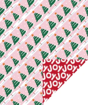Snow Covered Tree Christmas Wrapping Paper Roll with White Joy Text on Reverse