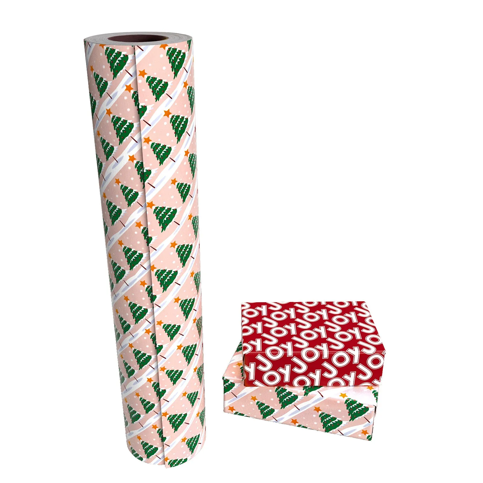 Snow Covered Tree Christmas Wrapping Paper Roll with White Joy Text on Reverse